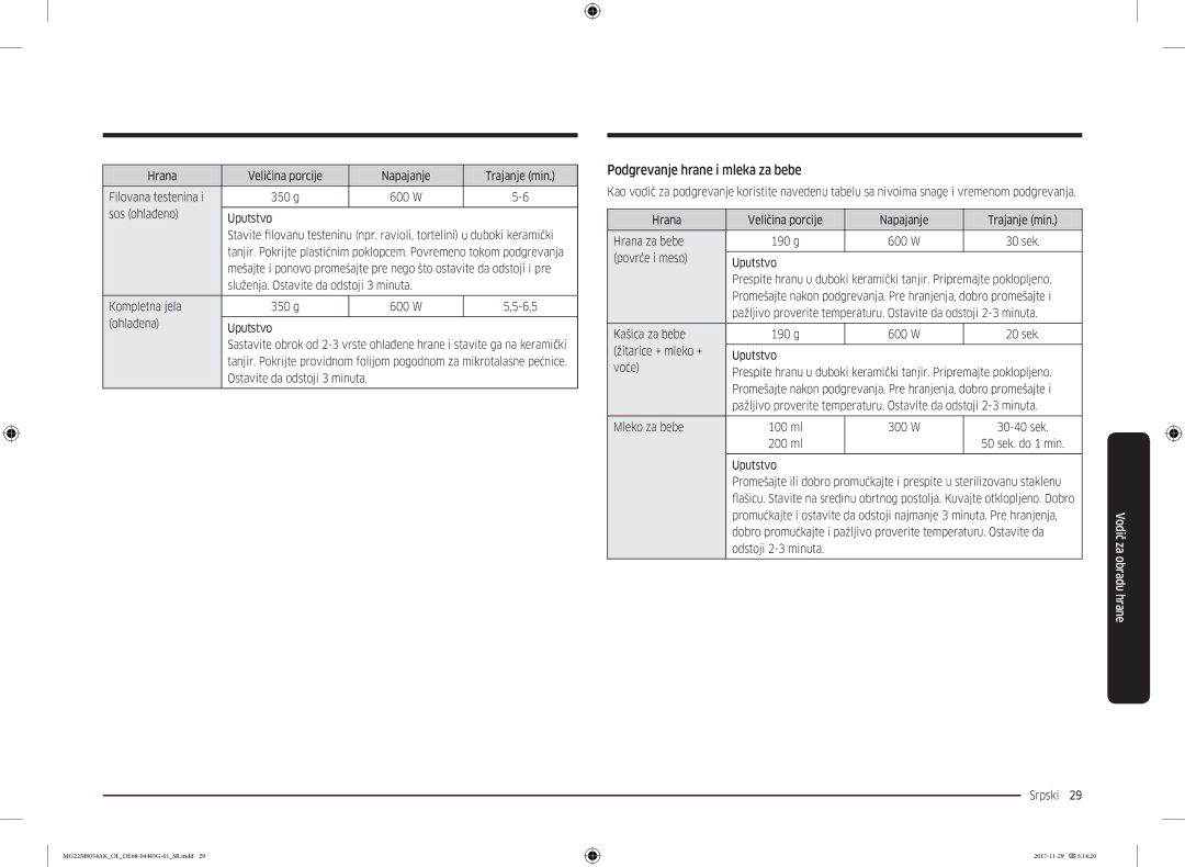 Samsung MG22M8054AK/OL manual Podgrevanje hrane i mleka za bebe 