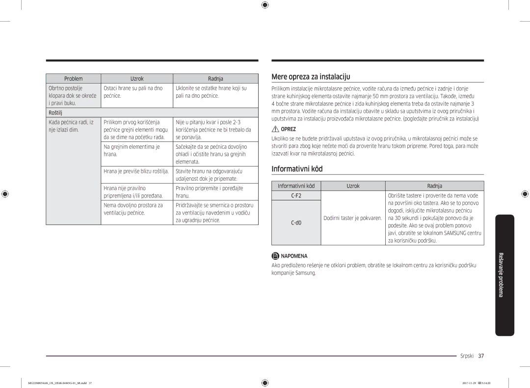 Samsung MG22M8054AK/OL manual Mere opreza za instalaciju, Informativni kôd 