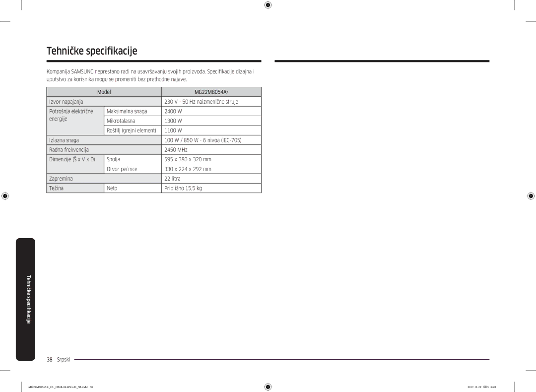 Samsung MG22M8054AK/OL manual Tehničke specifikacije 