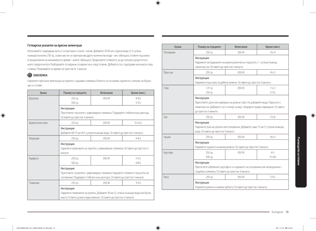 Samsung MG22M8054AK/OL manual Готварски указател за пресни зеленчуци 