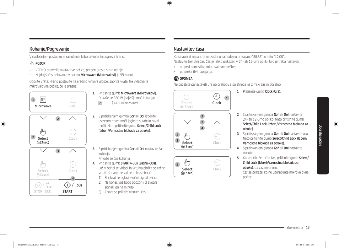 Samsung MG22M8054AK/OL manual Kuhanje/Pogrevanje, Nastavitev časa 
