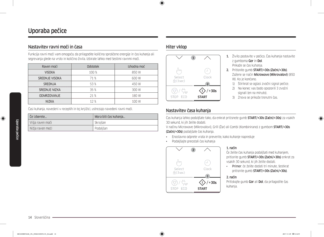 Samsung MG22M8054AK/OL manual Nastavitev ravni moči in časa, Hiter vklop, Nastavitev časa kuhanja 