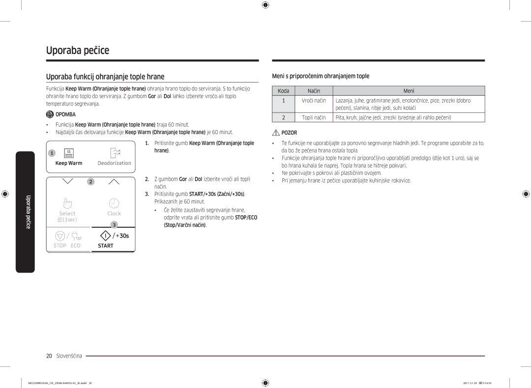 Samsung MG22M8054AK/OL manual Uporaba funkcij ohranjanje tople hrane, Meni s priporočenim ohranjanjem tople 