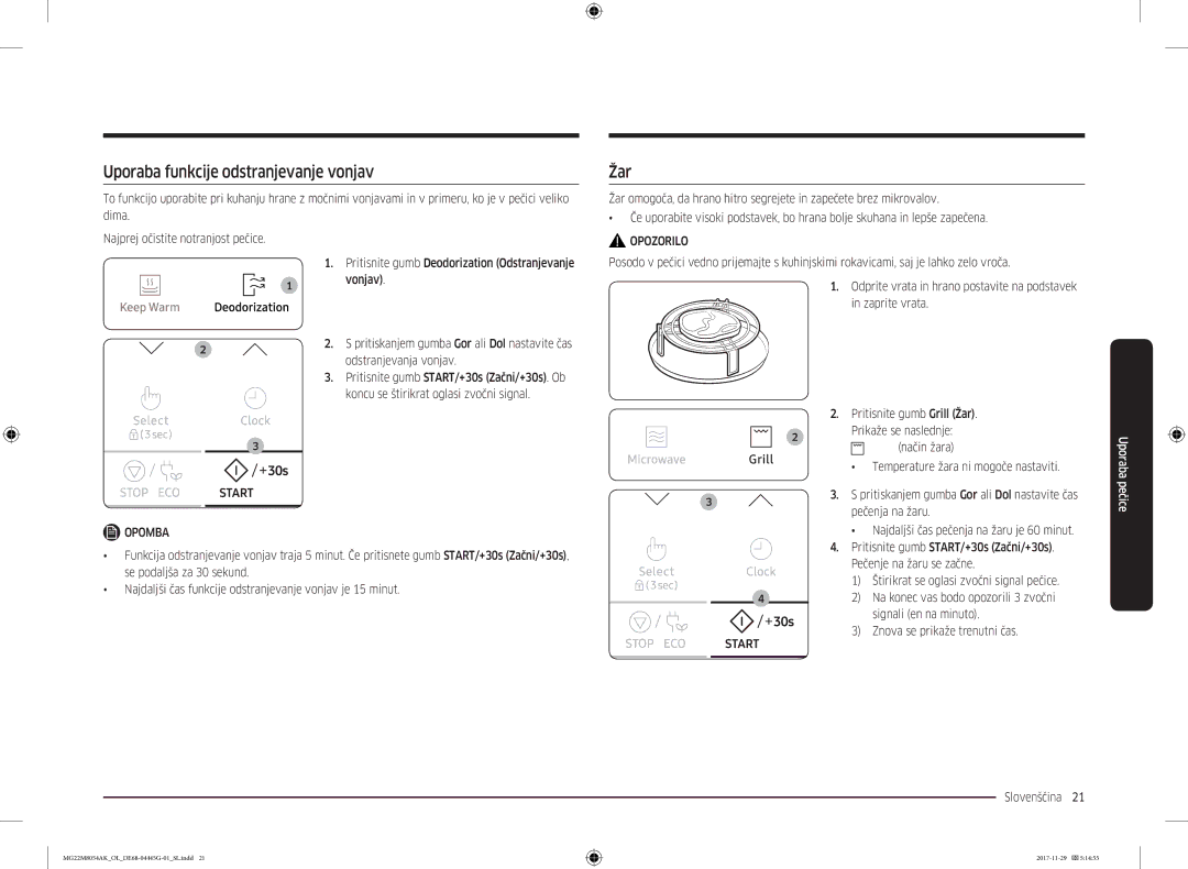 Samsung MG22M8054AK/OL manual Uporaba funkcije odstranjevanje vonjav, Žar 