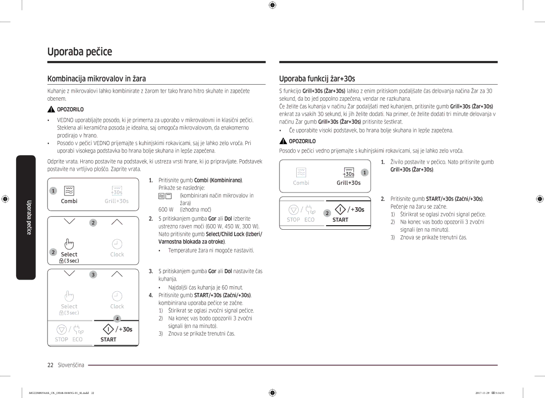 Samsung MG22M8054AK/OL manual Kombinacija mikrovalov in žara, Uporaba funkcij žar+30s 