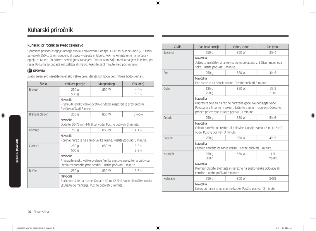 Samsung MG22M8054AK/OL manual Kuharski priročnik za svežo zelenjavo 