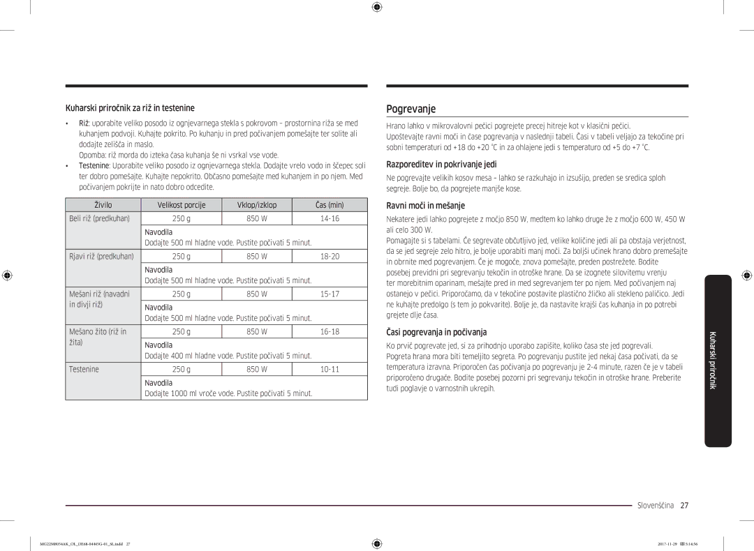 Samsung MG22M8054AK/OL manual Pogrevanje, Kuharski priročnik za riž in testenine, Razporeditev in pokrivanje jedi 
