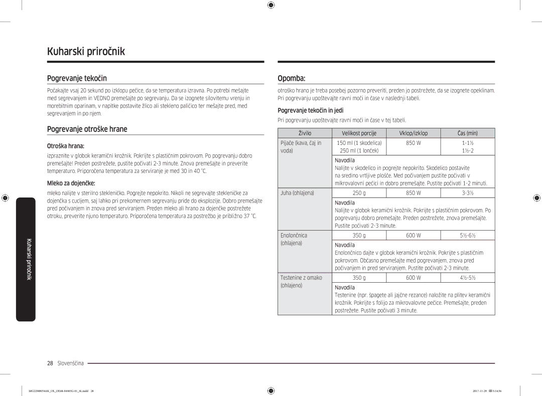 Samsung MG22M8054AK/OL manual Pogrevanje tekočin, Pogrevanje otroške hrane, Opomba 