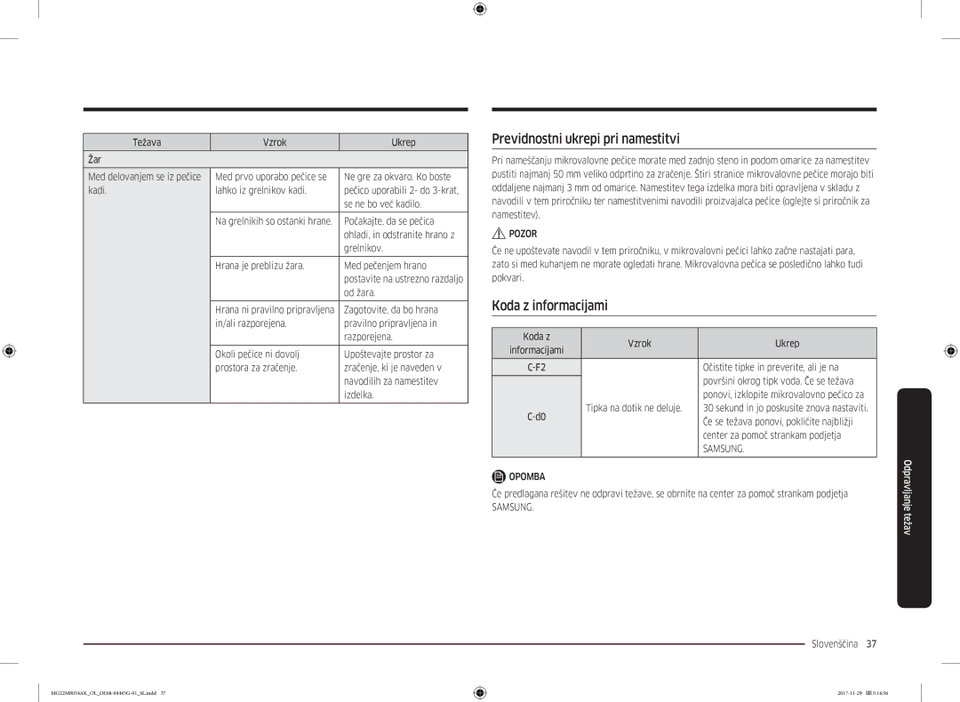 Samsung MG22M8054AK/OL manual Previdnostni ukrepi pri namestitvi, Koda z informacijami 
