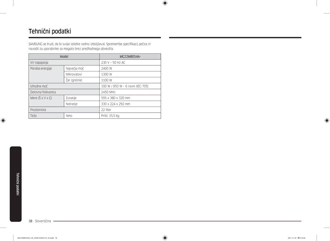 Samsung MG22M8054AK/OL manual Tehnični podatki 