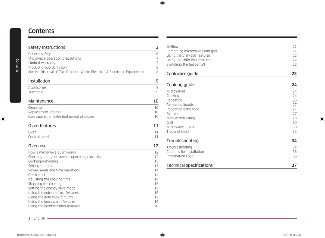 Samsung MG22M8054AK/OL manual Contents 