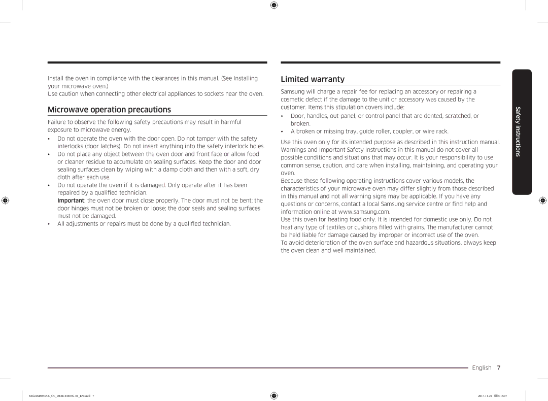 Samsung MG22M8054AK/OL manual Microwave operation precautions, Limited warranty 