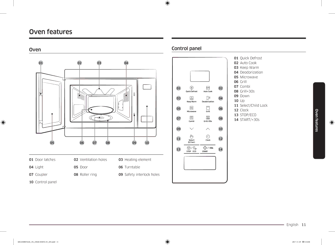 Samsung MG22M8054AK/OL manual Oven features, Oven Control panel 