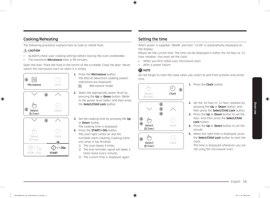 Samsung MG22M8054AK/OL manual Cooking/Reheating, Setting the time 