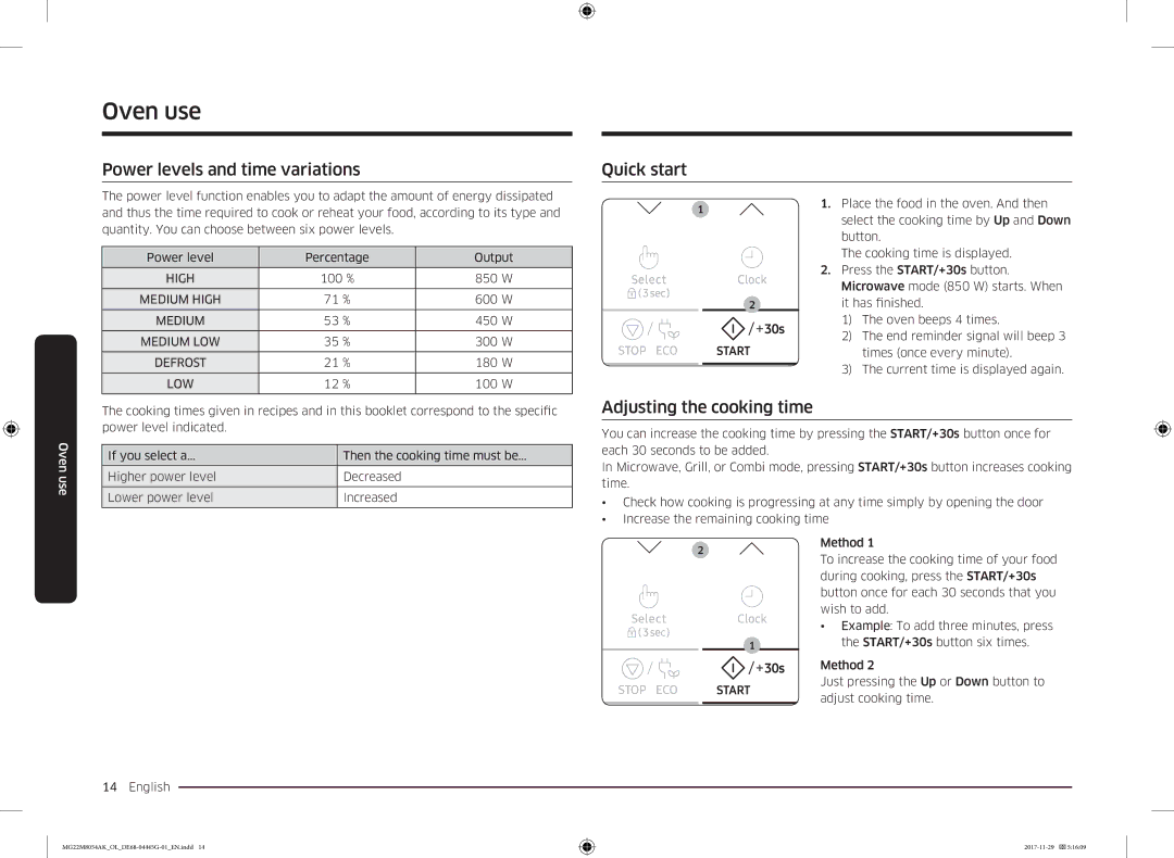 Samsung MG22M8054AK/OL manual Power levels and time variations, Quick start, Adjusting the cooking time 