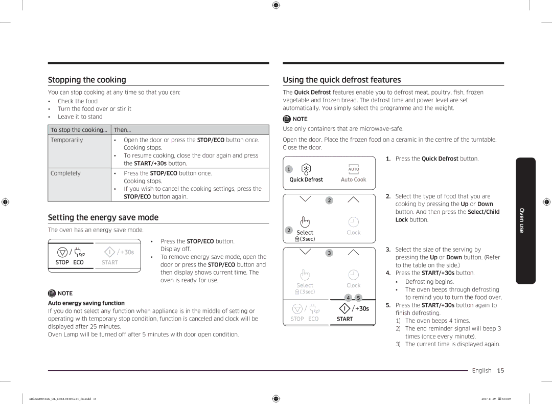 Samsung MG22M8054AK/OL manual Stopping the cooking, Using the quick defrost features, Setting the energy save mode 