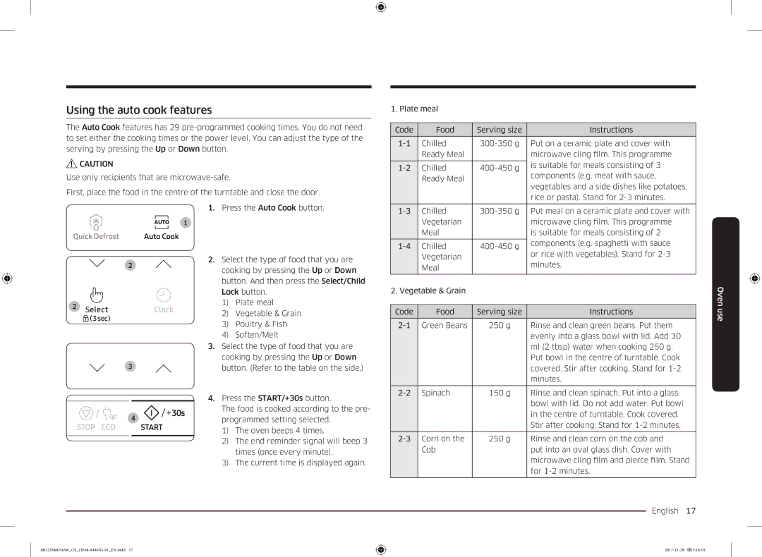 Samsung MG22M8054AK/OL manual Using the auto cook features 