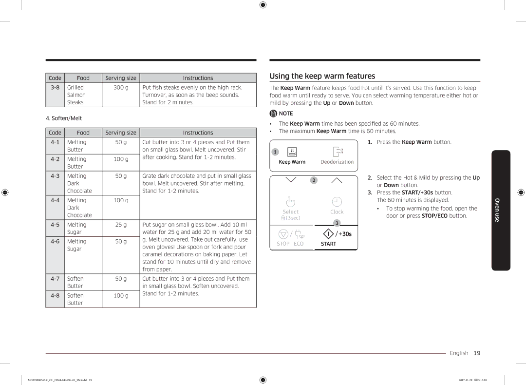 Samsung MG22M8054AK/OL manual Using the keep warm features 