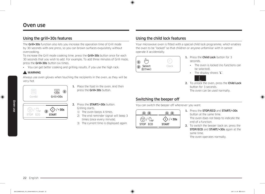 Samsung MG22M8054AK/OL manual Using the grill+30s features, Using the child lock features, Switching the beeper off 