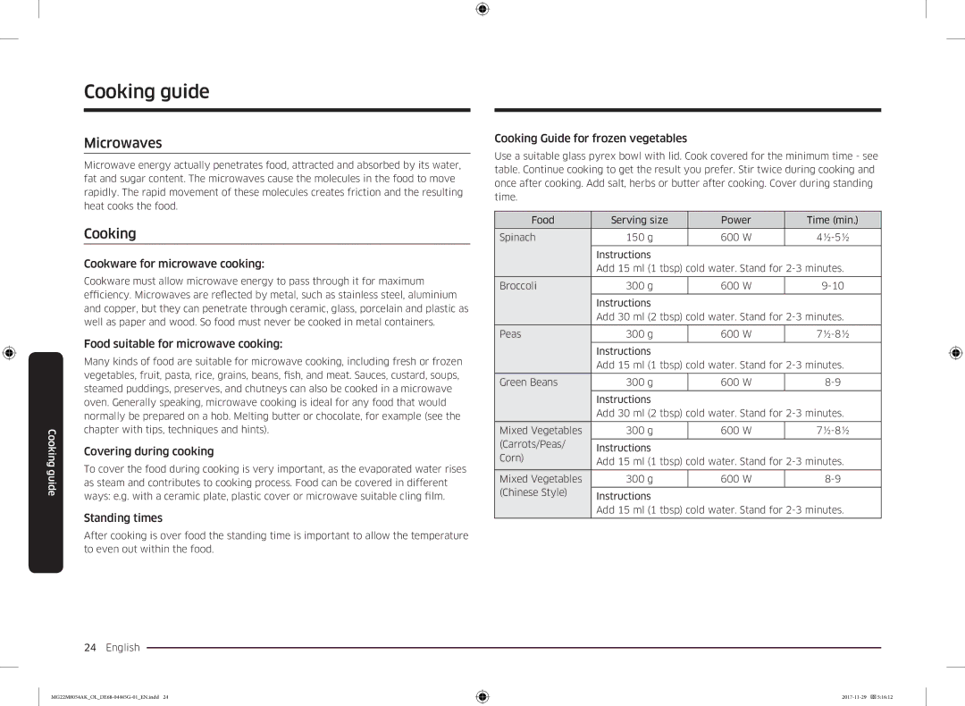 Samsung MG22M8054AK/OL manual Cooking guide, Microwaves 