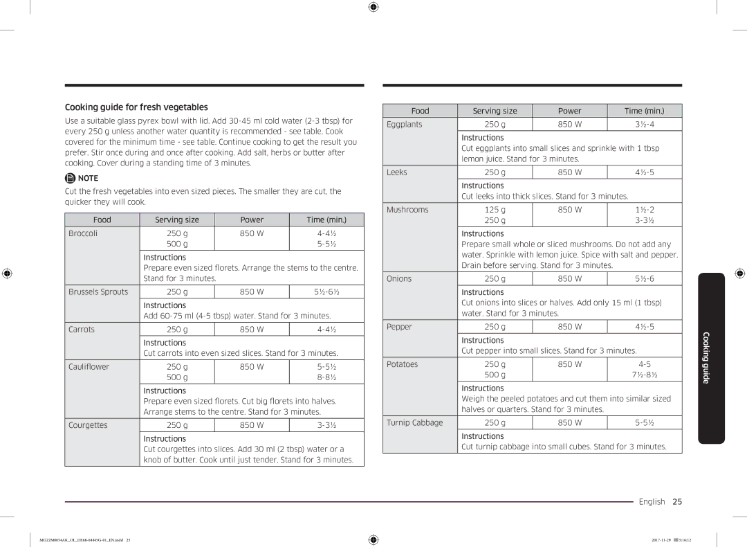 Samsung MG22M8054AK/OL manual Cooking guide for fresh vegetables 
