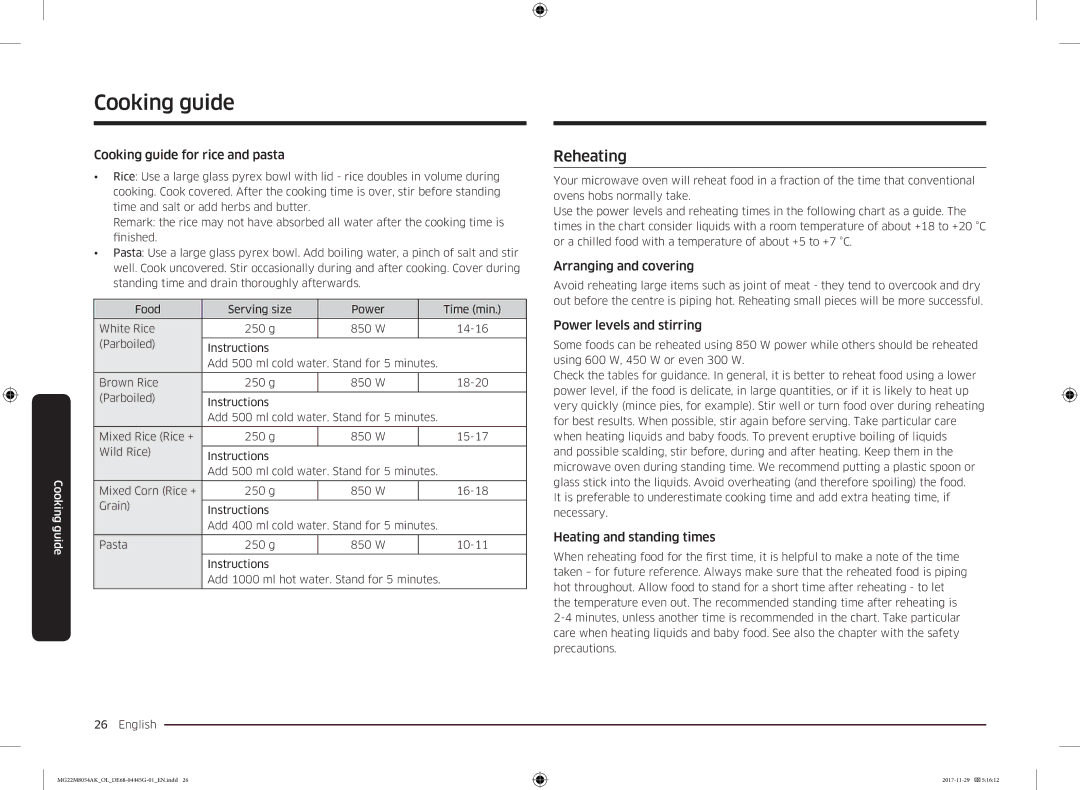 Samsung MG22M8054AK/OL Reheating, Cooking guide for rice and pasta, Arranging and covering, Power levels and stirring 