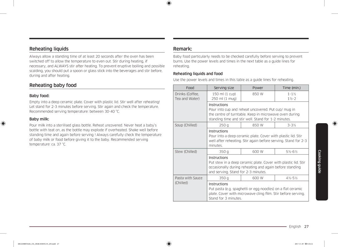 Samsung MG22M8054AK/OL manual Reheating liquids, Reheating baby food, Remark 