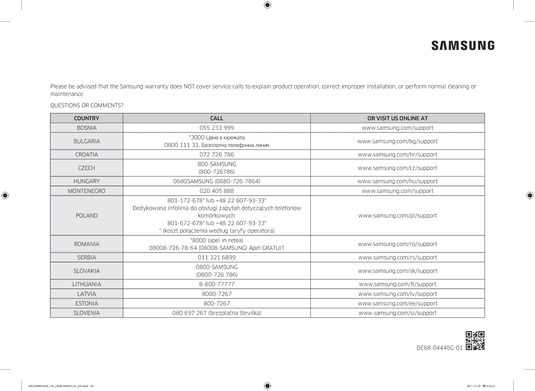 Samsung MG22M8054AK/OL Bulgaria, Czech Samsung, Hungary, Montenegro, Poland, Romania, Serbia, Lithuania, Estonia, Slovenia 