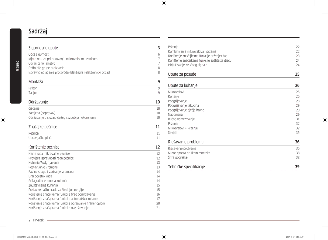 Samsung MG22M8054AK/OL manual Sadržaj, Pribor Tanjur, Pećnica Upravljačka ploča 