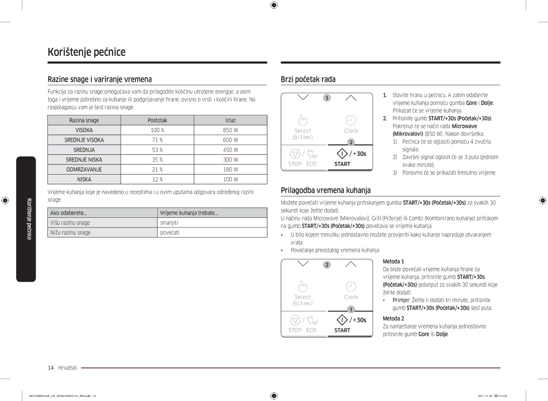 Samsung MG22M8054AK/OL manual Razine snage i variranje vremena, Brzi početak rada, Prilagodba vremena kuhanja 