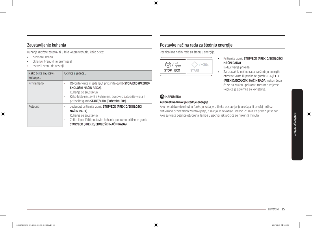 Samsung MG22M8054AK/OL manual Zaustavljanje kuhanja, Postavke načina rada za štednju energije, Ekološki Način Rada 