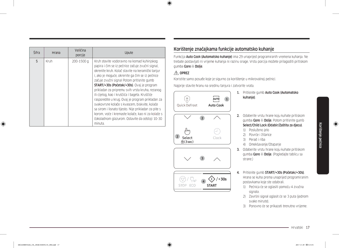 Samsung MG22M8054AK/OL manual Korištenje značajkama funkcije automatsko kuhanje 