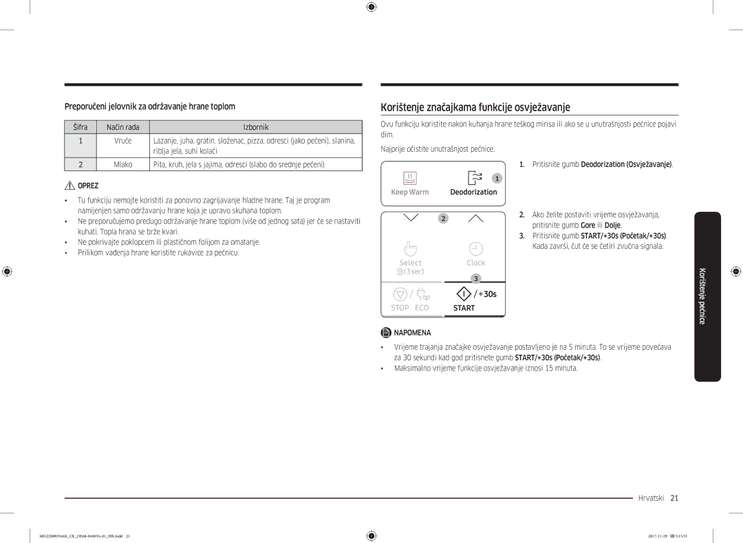 Samsung MG22M8054AK/OL manual Korištenje značajkama funkcije osvježavanje, Preporučeni jelovnik za održavanje hrane toplom 