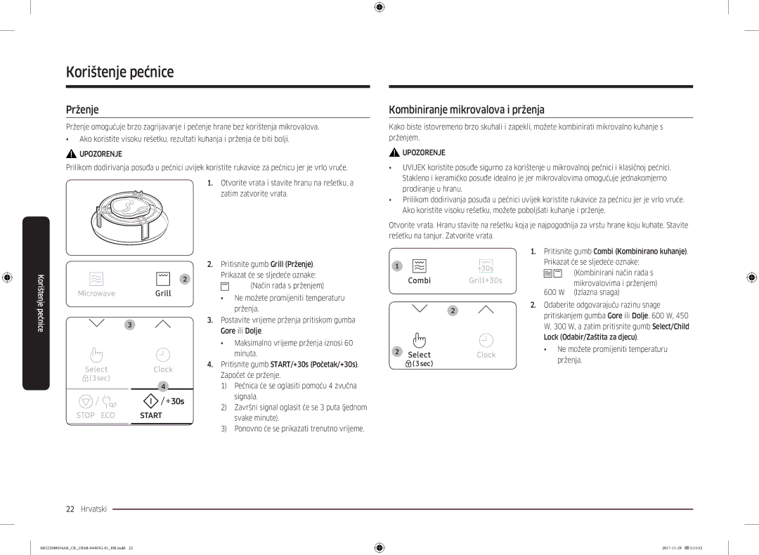 Samsung MG22M8054AK/OL manual Prženje, Kombiniranje mikrovalova i prženja 