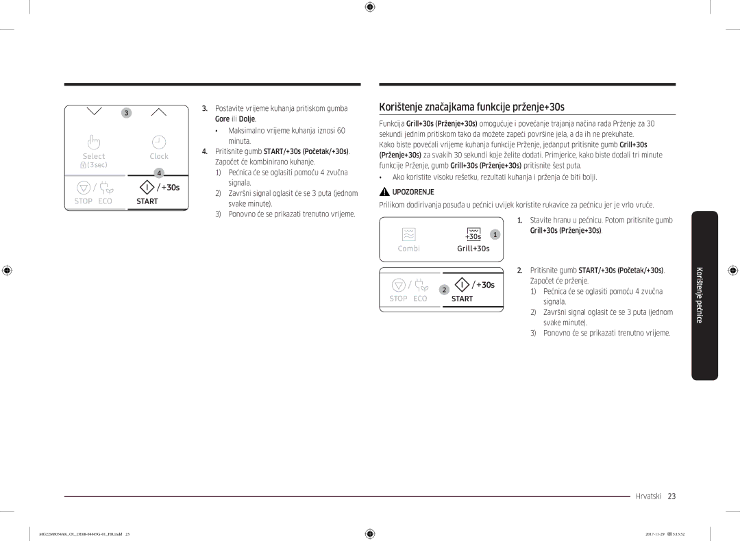 Samsung MG22M8054AK/OL manual Korištenje značajkama funkcije prženje+30s, Maksimalno vrijeme kuhanja iznosi 60 minuta 