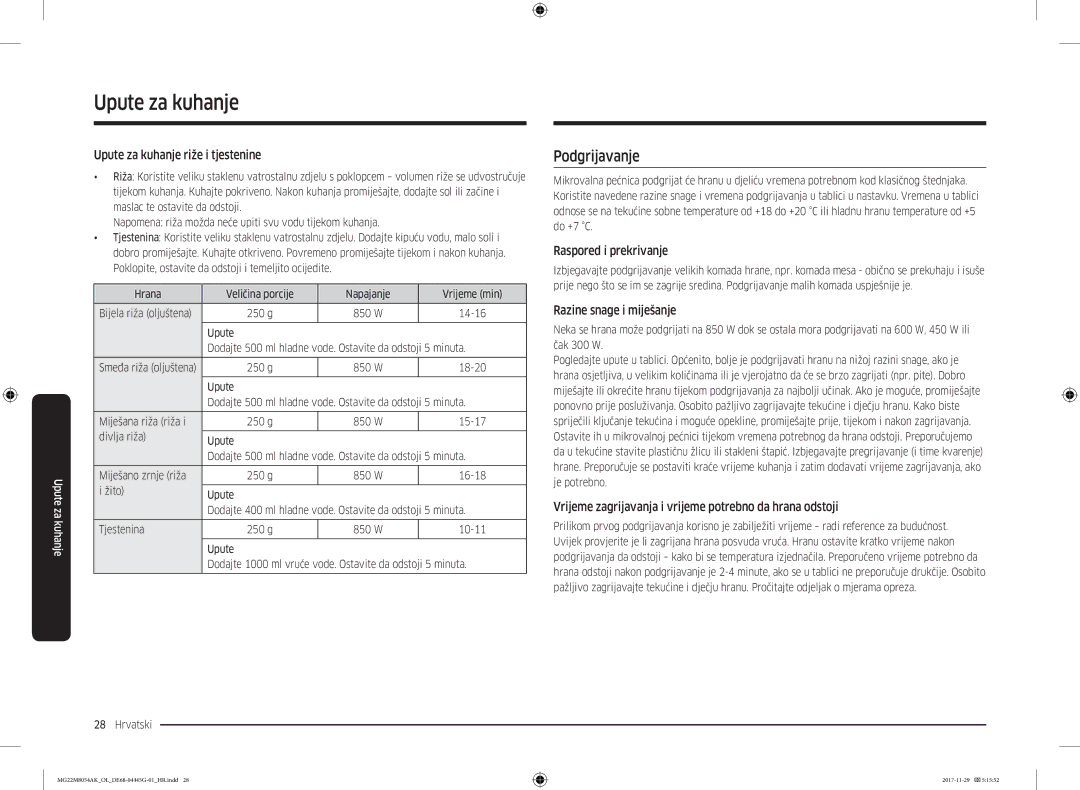 Samsung MG22M8054AK/OL Podgrijavanje, Upute za kuhanje riže i tjestenine, Raspored i prekrivanje, Razine snage i miješanje 