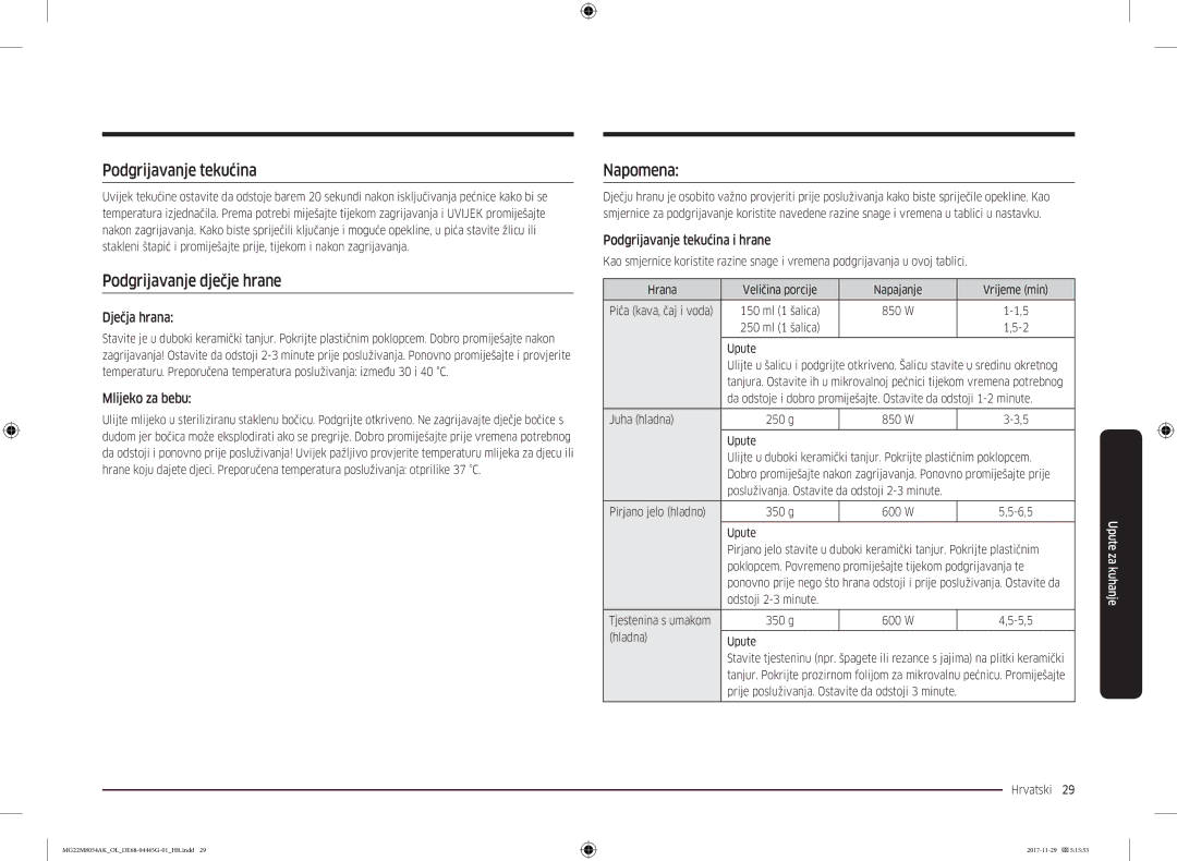 Samsung MG22M8054AK/OL manual Podgrijavanje tekućina, Podgrijavanje dječje hrane, Napomena 