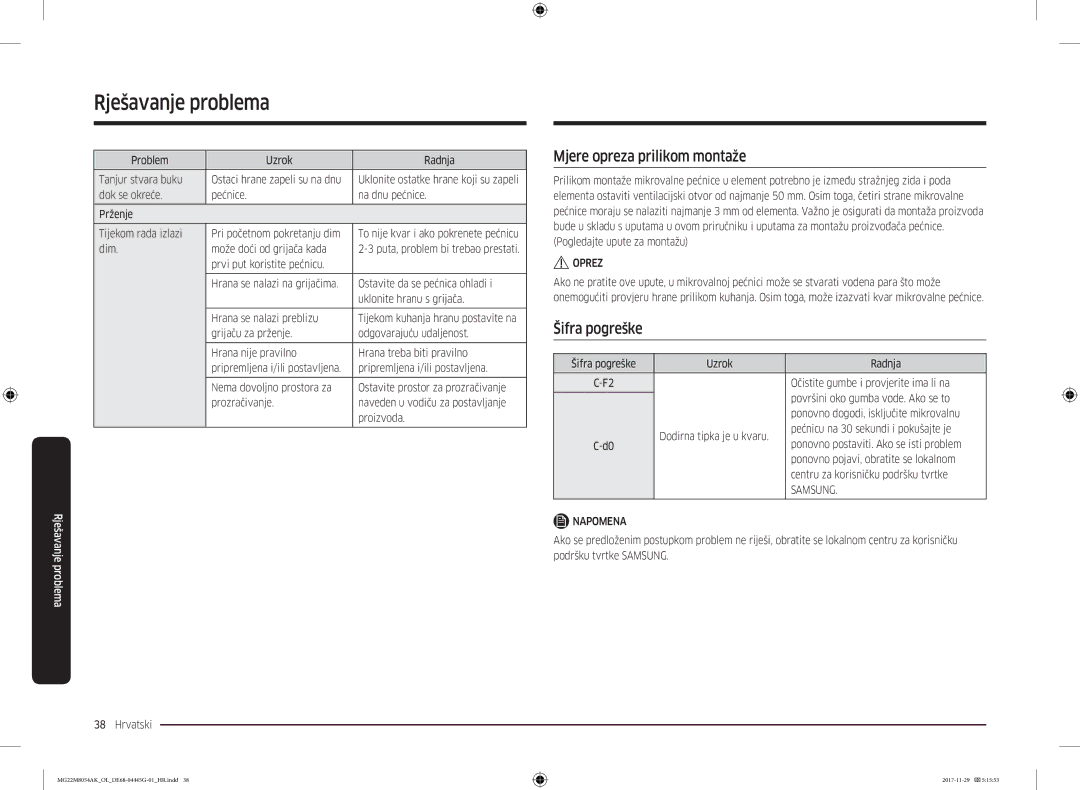 Samsung MG22M8054AK/OL manual Mjere opreza prilikom montaže, Šifra pogreške, Problem Uzrok Radnja Tanjur stvara buku 