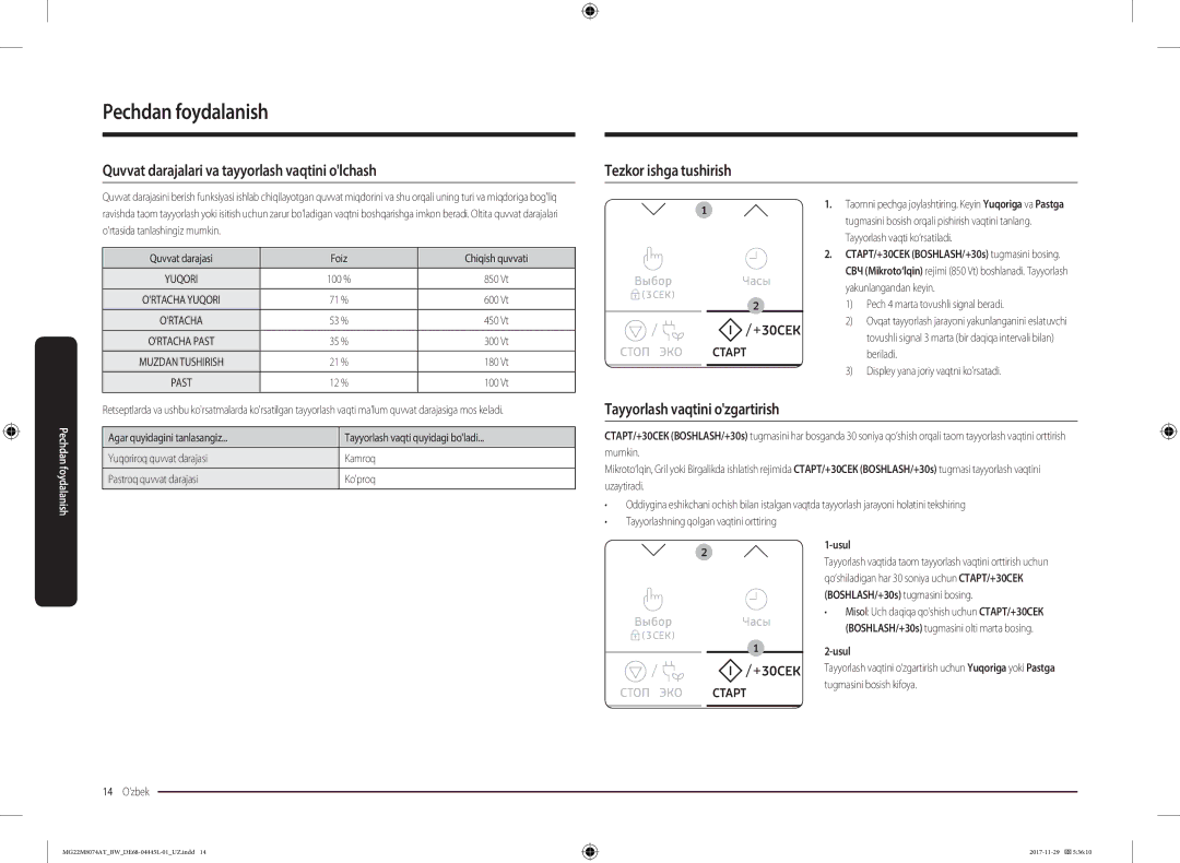 Samsung MG22M8074AT/BW manual Quvvat darajalari va tayyorlash vaqtini olchash, Tezkor ishga tushirish, Usul 