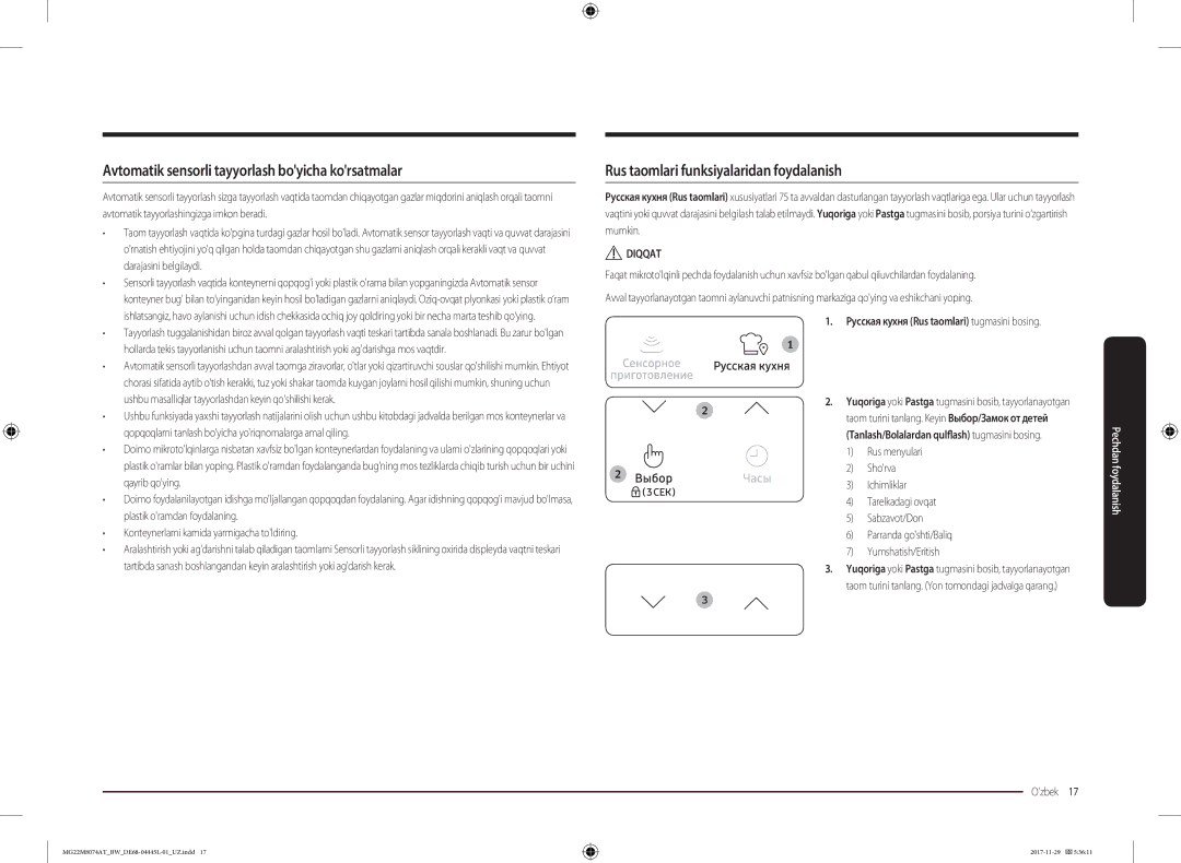 Samsung MG22M8074AT/BW manual Avtomatik sensorli tayyorlash boyicha korsatmalar, Rus taomlari funksiyalaridan foydalanish 