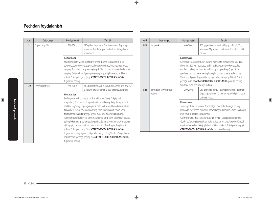 Samsung MG22M8074AT/BW manual Kod Oziq-ovqat Porsiya hajmi Tarkibi Boyarcha go‘sht, Qora murch, Lososli kulebyaka 450-500 g 