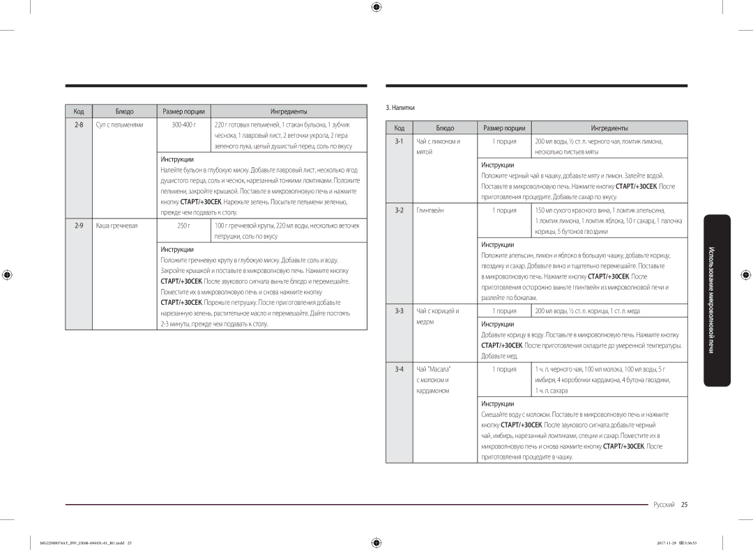 Samsung MG22M8074AT/BW manual Каша гречневая 250 г, Петрушки, соль по вкусу, Напитки Код Блюдо, Чай с лимоном и, Глинтвейн 