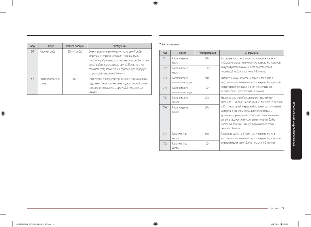 Samsung MG22M8074AT/BW manual Жареная рыба, Сторону. Дайте постоять 3 минуты, Растапливание Код Блюдо, Масла, Сахара, Масло 