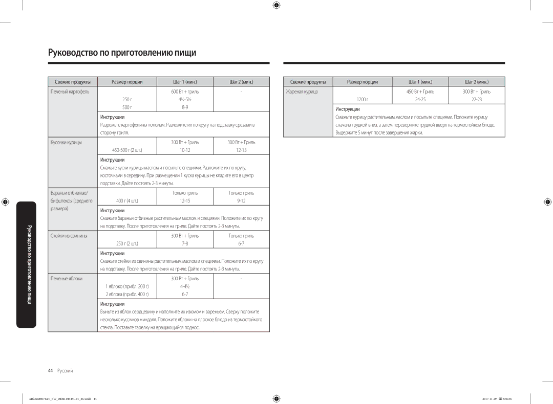 Samsung MG22M8074AT/BW Размер порции Шаг 1 мин Шаг 2 мин, Сторону гриля Кусочки курицы, Размера Инструкции, Печеные яблоки 