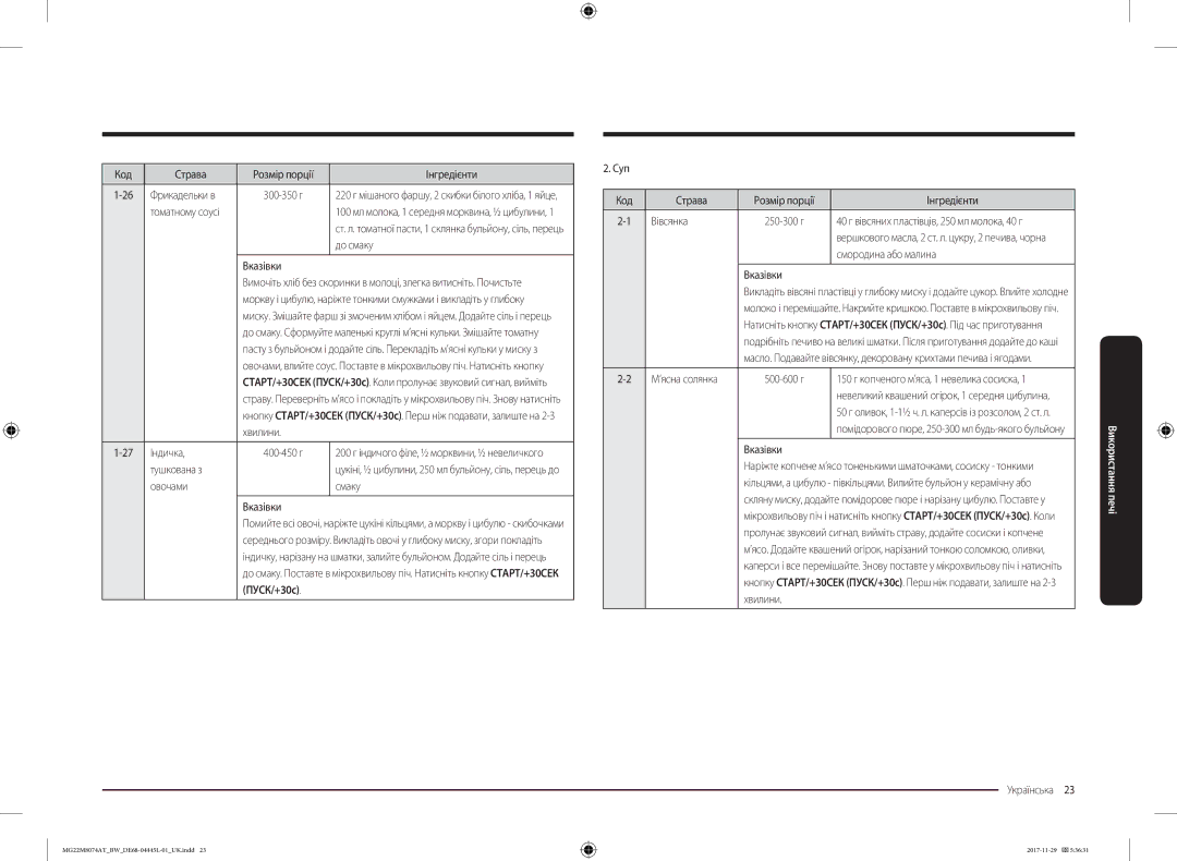 Samsung MG22M8074AT/BW manual Код Страва Розмір порції Інгредієнти Фрикадельки в, До смаку, Індичка 400-450 г, Тушкована з 