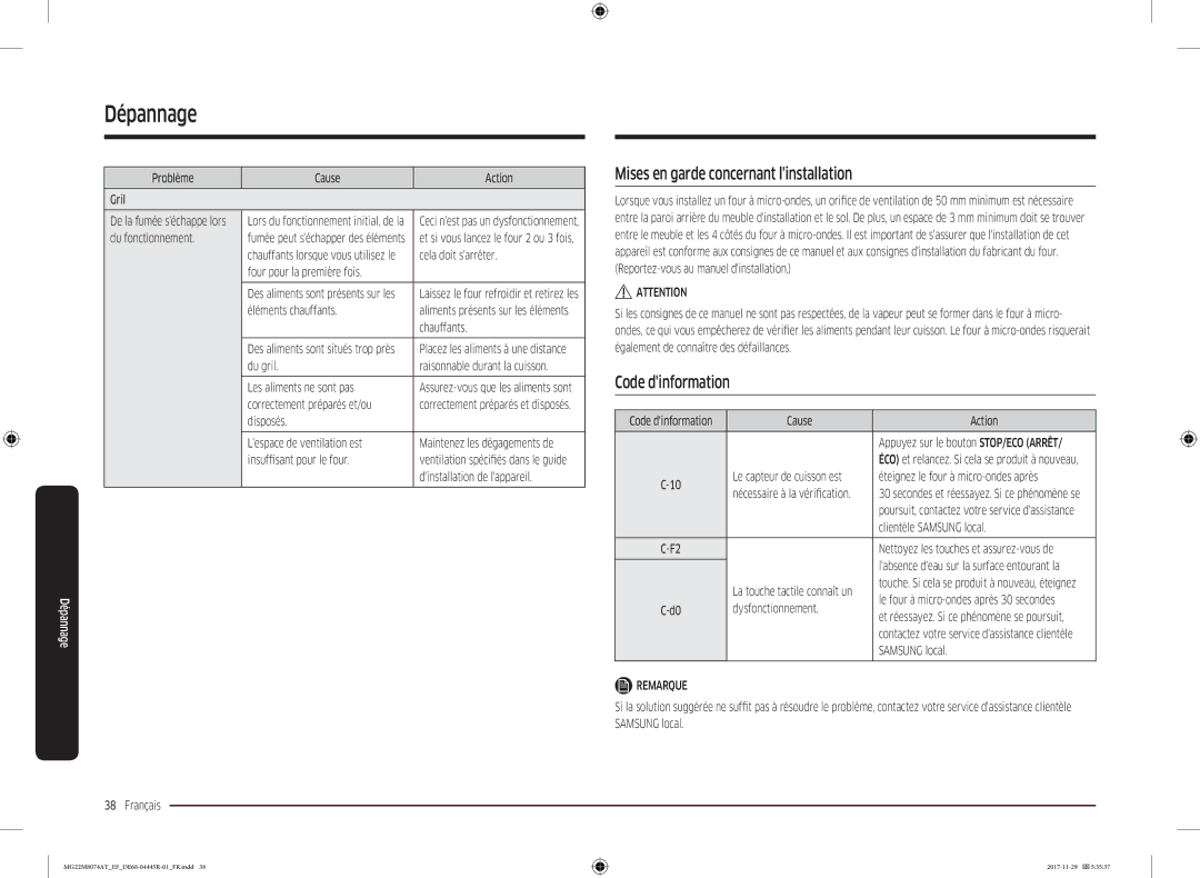 Samsung MG22M8074AT/EF manual Mises en garde concernant linstallation, Code dinformation 