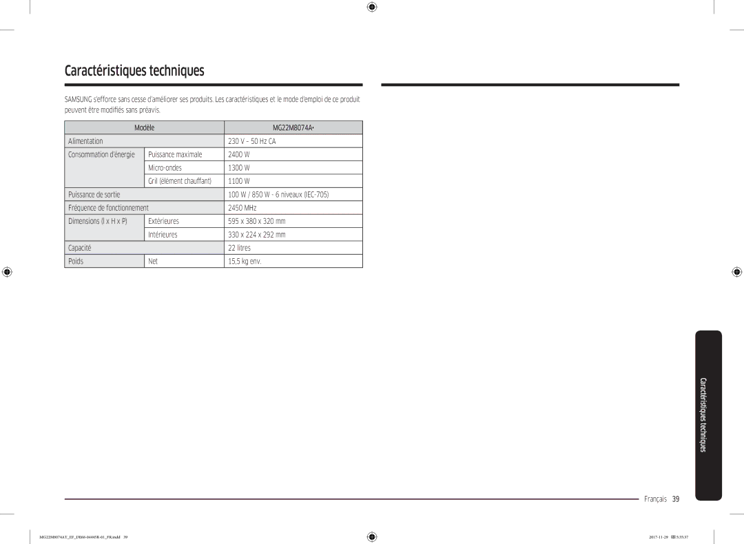 Samsung MG22M8074AT/EF manual Caractéristiques techniques, Puissance maximale 2400 W Micro-ondes 1300 W, 1100 W 
