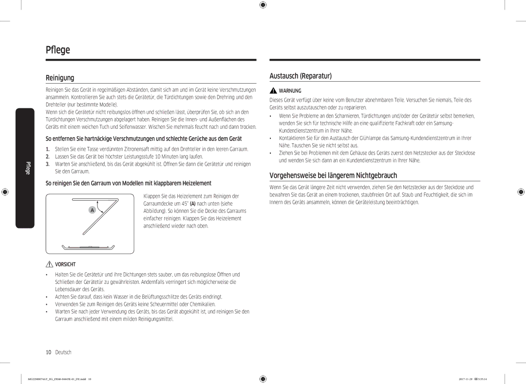 Samsung MG22M8074AT/EG manual Pflege, Reinigung, Austausch Reparatur, Vorgehensweise bei längerem Nichtgebrauch 