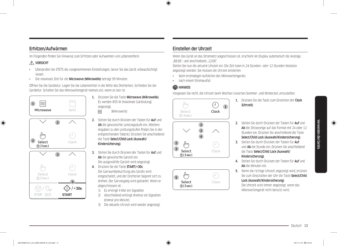 Samsung MG22M8074AT/EG manual Erhitzen/Aufwärmen, Einstellen der Uhrzeit 