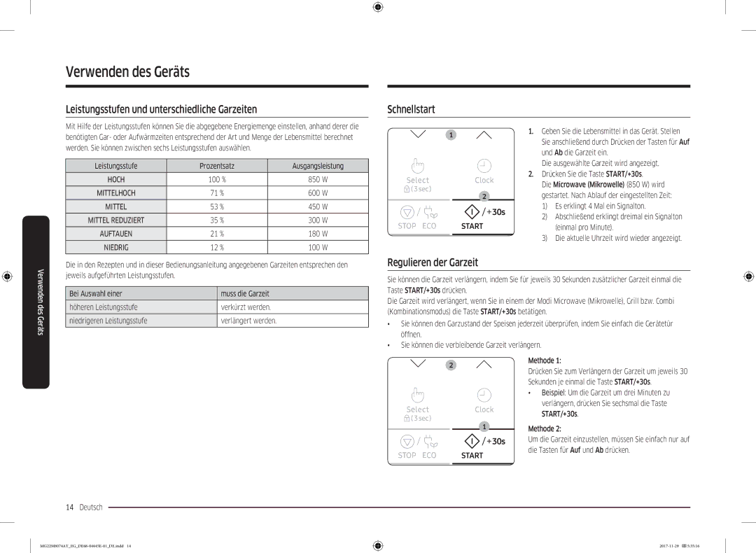 Samsung MG22M8074AT/EG manual Leistungsstufen und unterschiedliche Garzeiten, Schnellstart, Regulieren der Garzeit 